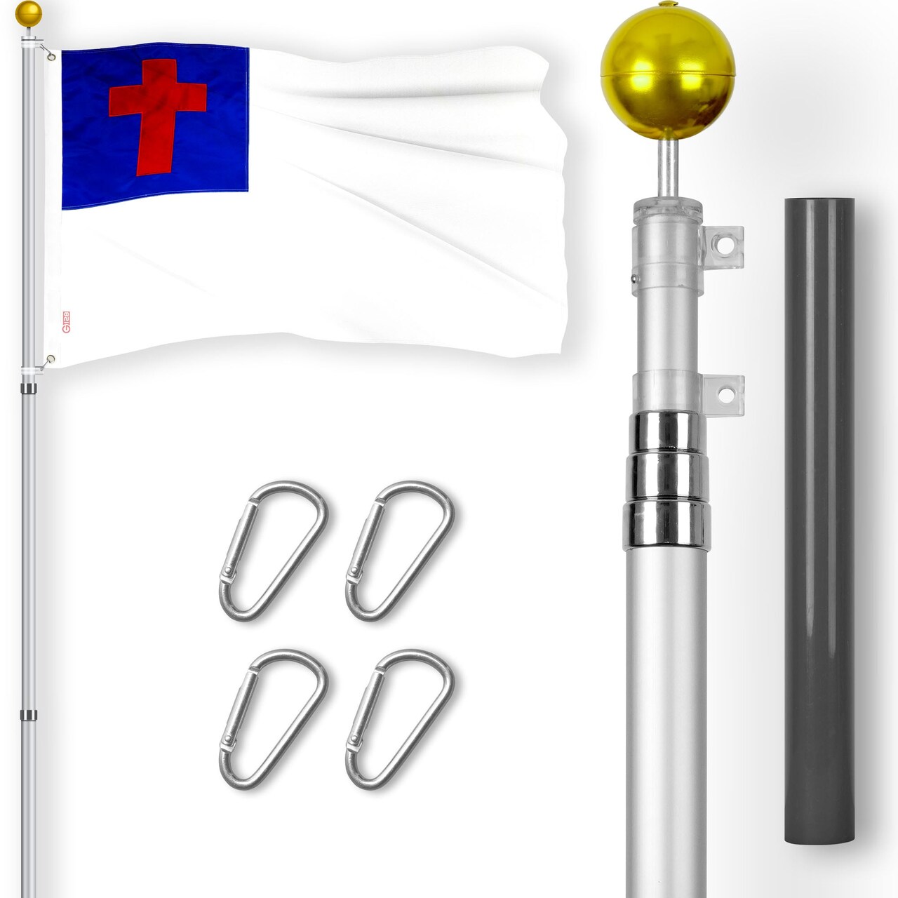 G128 Combo Pack: 16 Ft Telescoping Aluminum Flagpole (Silver) & Christian Flag 3x5 Ft, ToughWeave Series Embroidered 300D Polyester | Pole with Flag Included